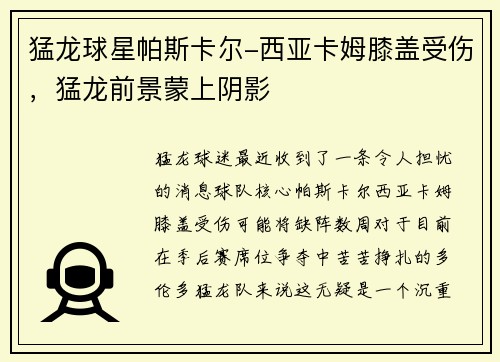 猛龙球星帕斯卡尔-西亚卡姆膝盖受伤，猛龙前景蒙上阴影