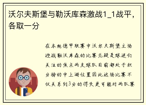 沃尔夫斯堡与勒沃库森激战1_1战平，各取一分